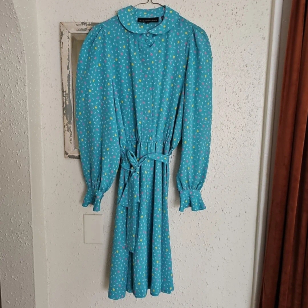 Vintage Blue Dress Tulip Pattern Puff Sleeve W/belt Size 14